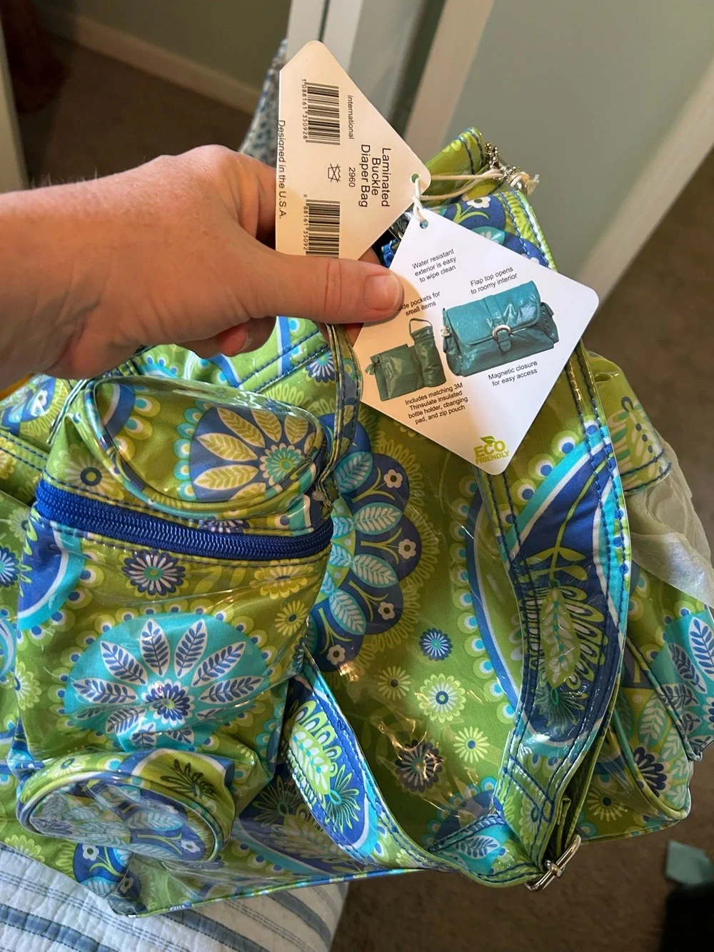 Laminated Floral Diaper Bag - Green & Blue